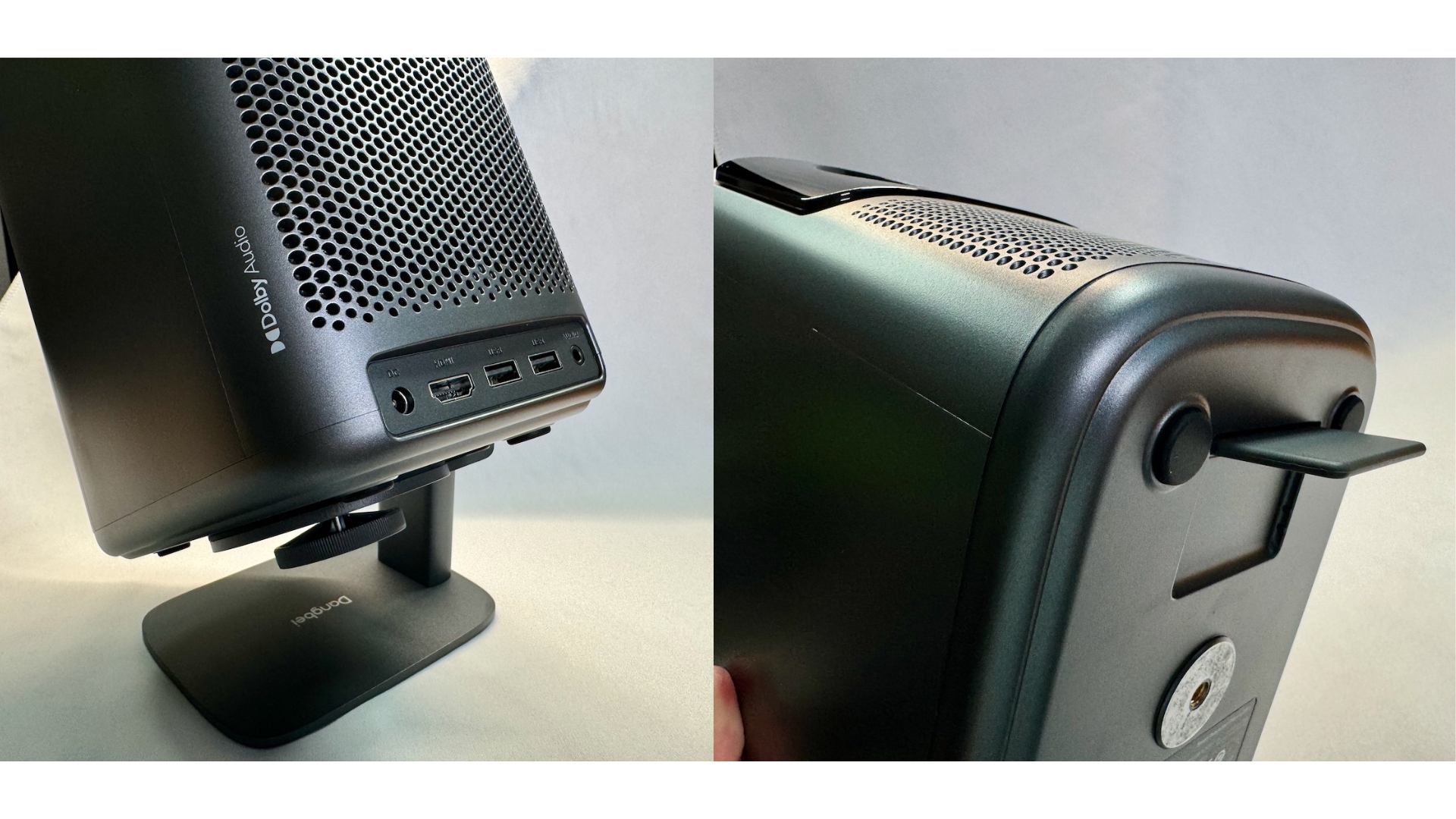 (Left) There is an input terminal on the back of the main unit. There are two built-in 6W speakers, but there is also a 3.5mm external audio terminal. (Right) There is a kickstand on the bottom of the main unit, which allows you to adjust the viewing angle to a certain extent without a dedicated stand.